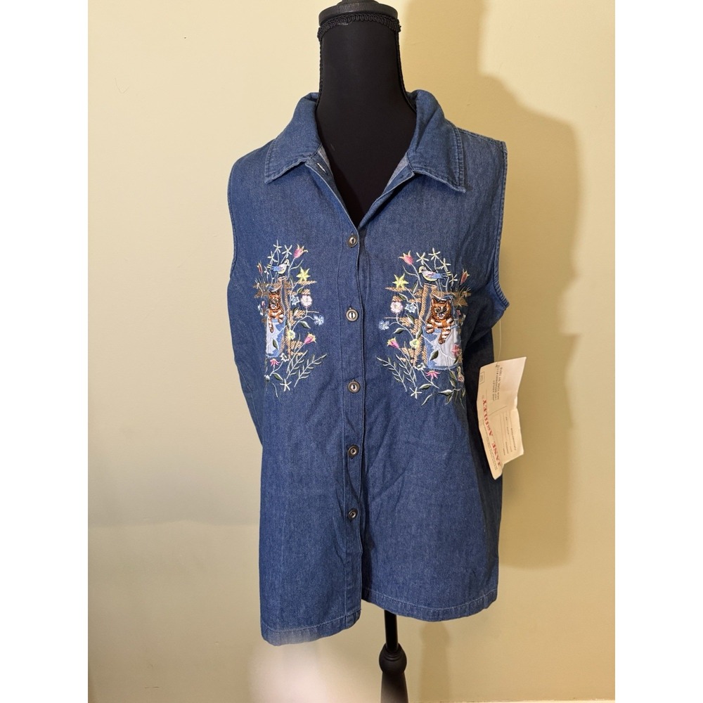 Vintage Jane Ashley Denim Vest S NWT Cat Bird Floral Embroidered Cottagecore
